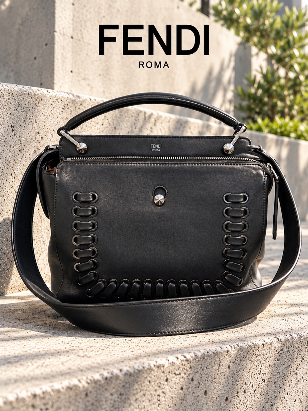 Fendi Dotcom Medium Whipstitch Leather Satchel – Black | Brown Interior | Silver